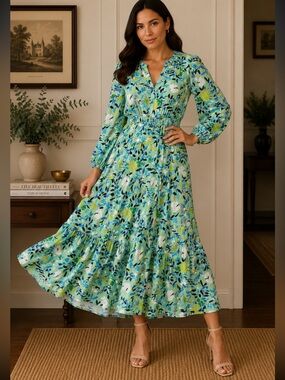 Floral Green Midi tiered Dress size L